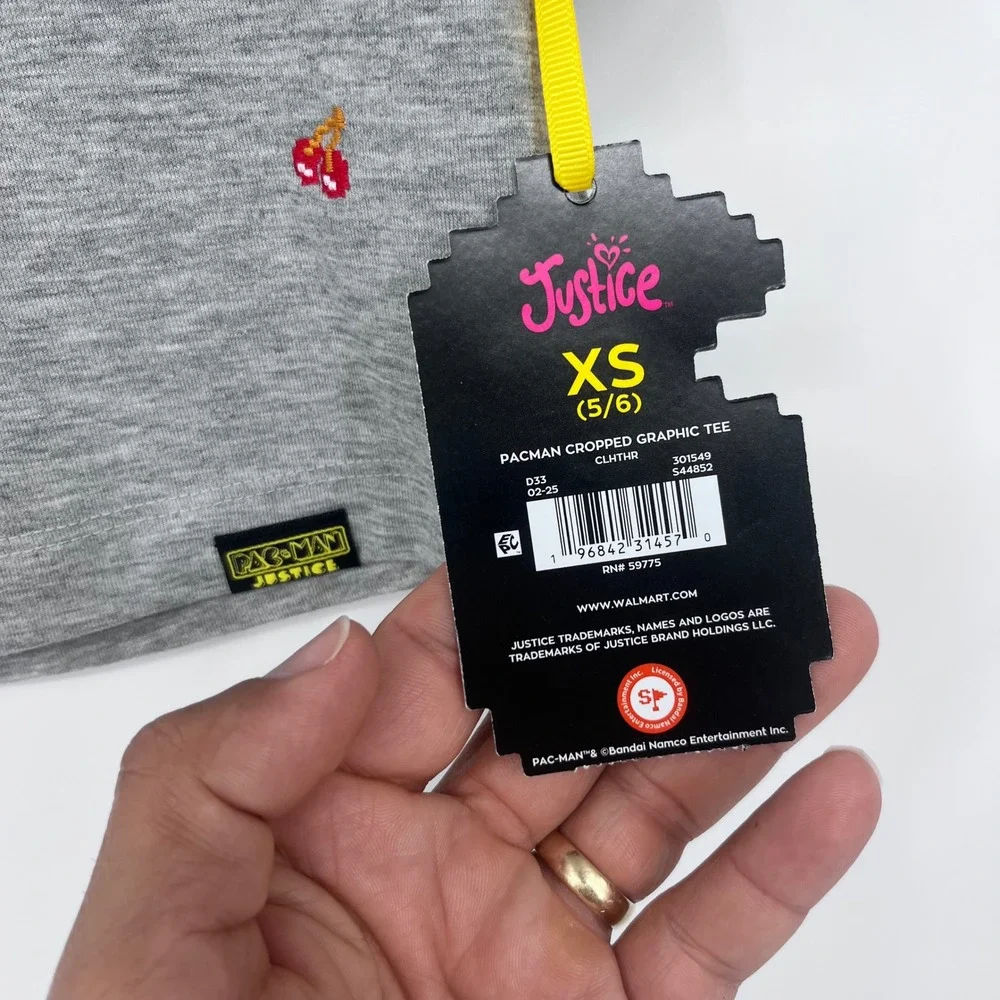 Justice Pac-Man Graphic Tee Girls XS 5/6 Grey‎ Cropped Embroidered Retro Gamer